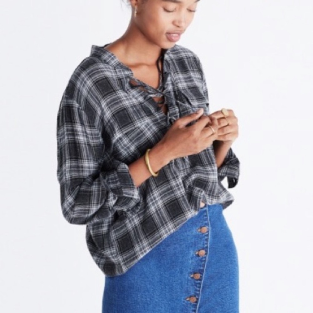 Madewell Black and White Plaid Long Sleeve Top